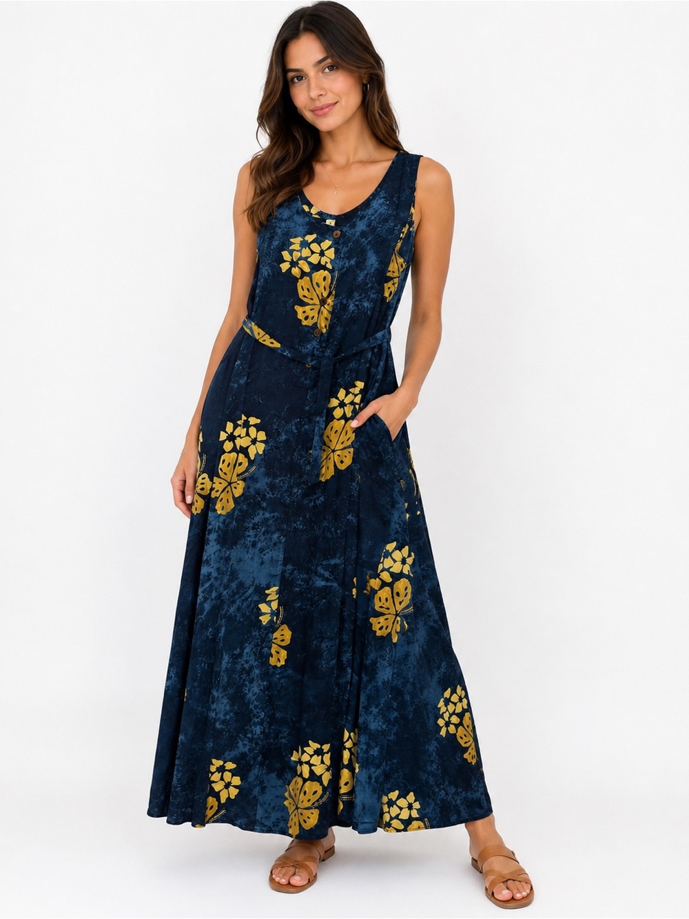 vintage-Inspired Sleeveless Navy Blue Floral Maxi Dress